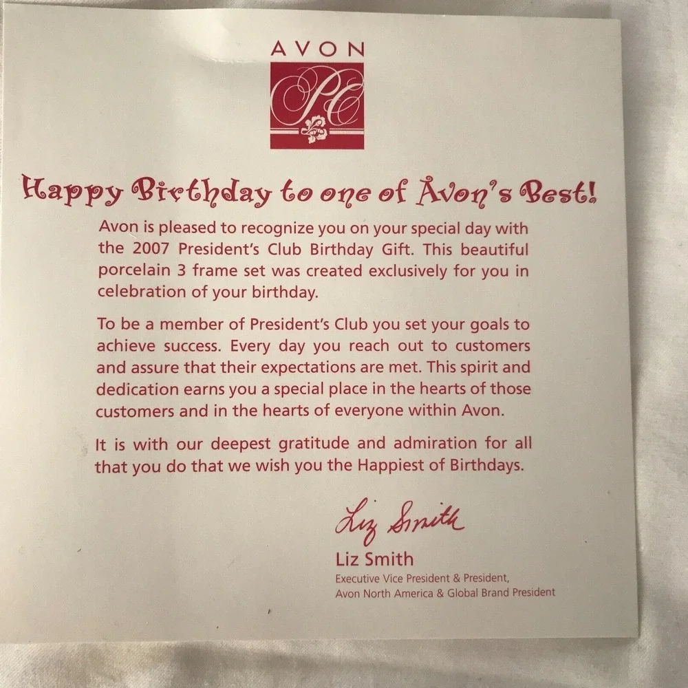 Avon Birthday 2007 President's Club PC, Picture Frames, Set of 3, Porcelain